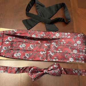 Valentino Cravatte Red Floral Silk Cummerbund Bow Tie Set Tuxedo Italy